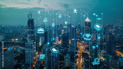 Smart city with 5G technology on top of which there generated by ai