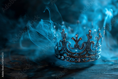 A battered antique crown in flames. Images of defeat and decline. photo
