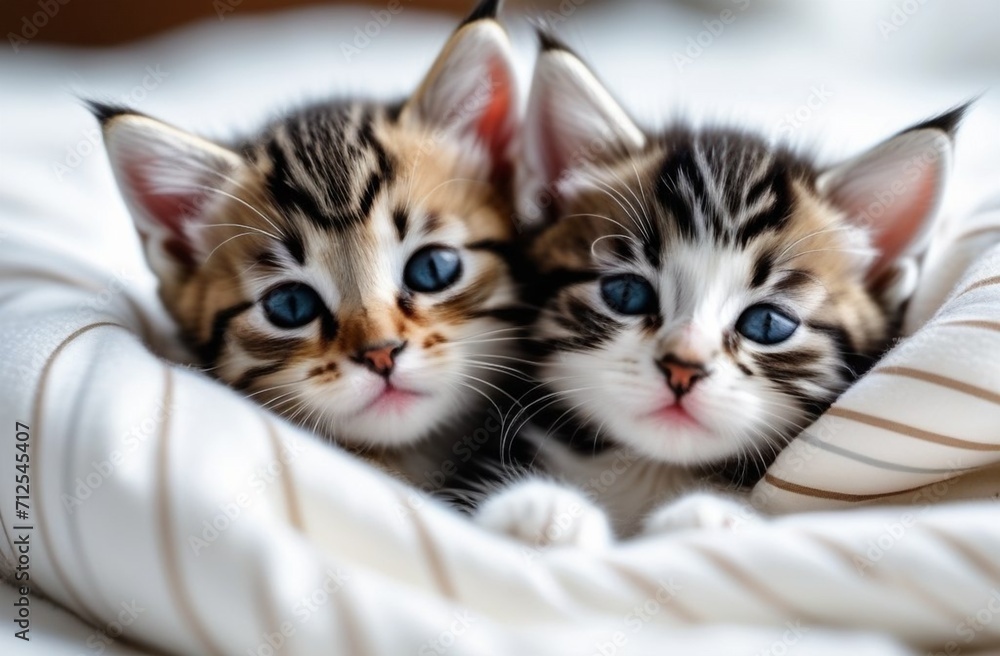 Two small striped domestic kittens sleeping hugging each other at home. cute adorable pets cats. Two small striped domestic kittens sleeping hugging each other at home. cute adorable pets cats.