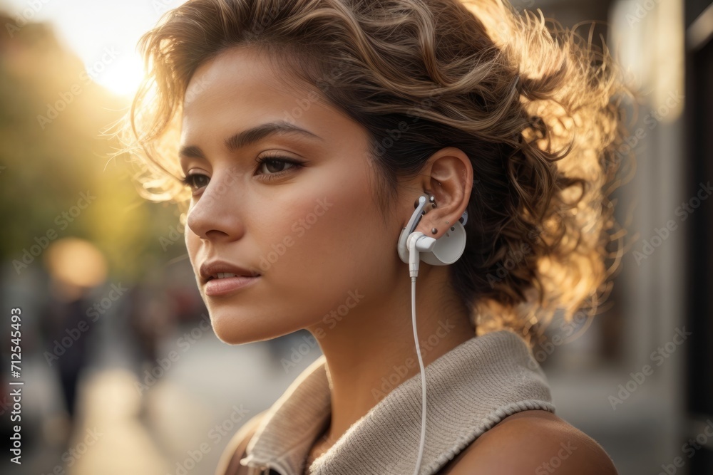 Fototapeta premium World hearing day photography, A girl listening using headphones