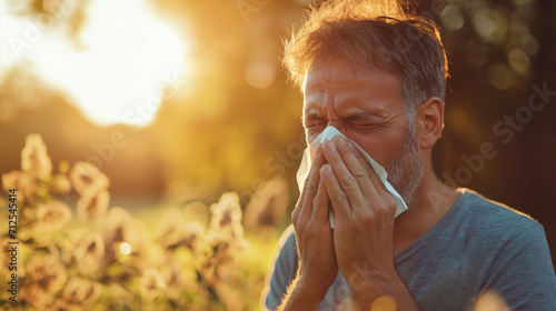 sneezing mid-aged man outdoors photo