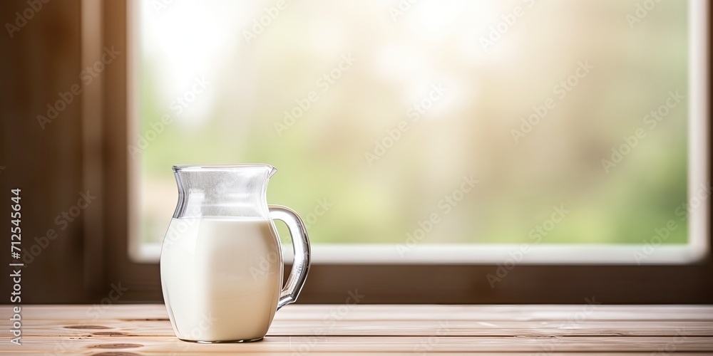 Fresh milk and jug on wooden tabletop with blurry kitchen background. Space for text or product display. Fresh milk and jug on wooden tabletop with blurry kitchen background. Space for text or product display.