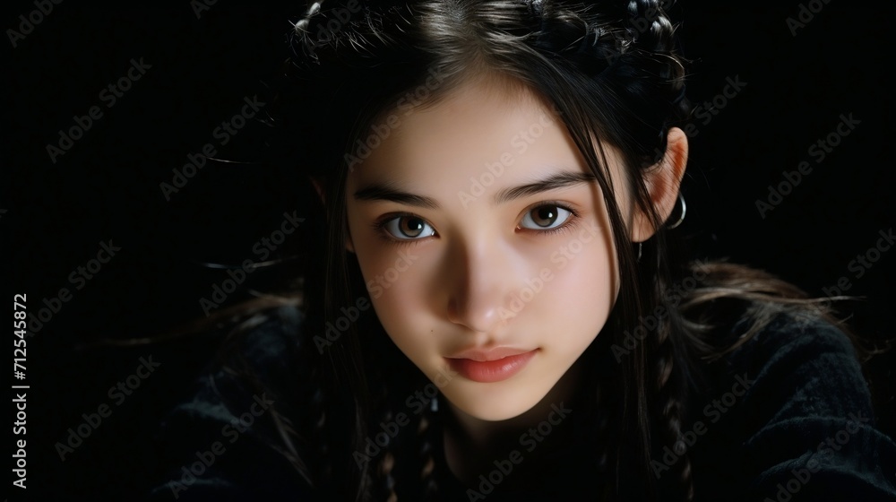 Close-up portrait of a beautiful girl on a black background. Close-up portrait of a beautiful girl on a black background.
