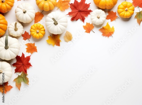 Various fresh ripe pumpkins with dry maple leaves isolated white background  top view photo with copy space