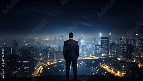 Businessman Gazing Upon the City from the Summit of a Skyscraper