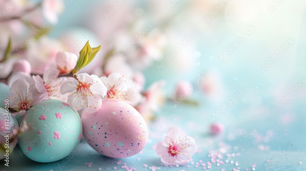 Easter eggs and spring flowers on a blue background. Copy space.