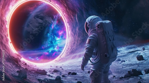 astronaut entering a neon portal