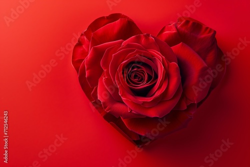 Valentines Day card red rose in a shape of a heart on a red background