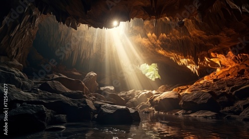 beautiful cave with a small lake and a ray of sun entering in high definition