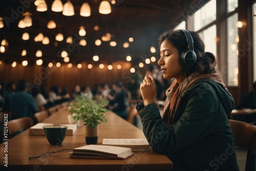 World hearing day photography, A girl listening using headphones photo