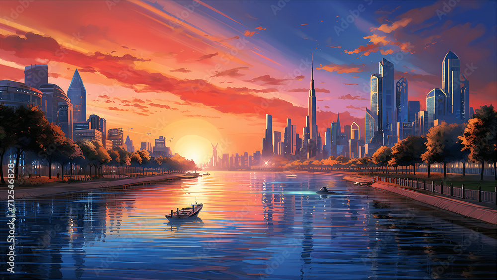 Fototapeta premium Shanghai skyline at sunset with boats and skyscrapers.