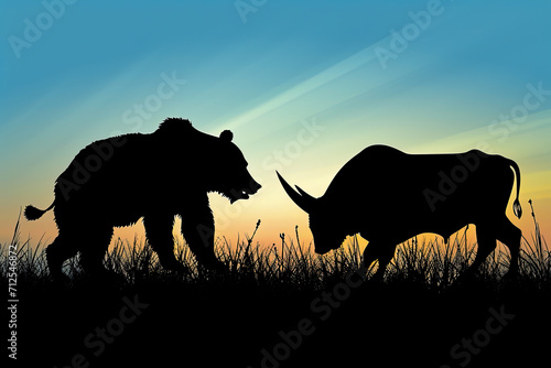 Silhouettes of a bull and bear facing off. 