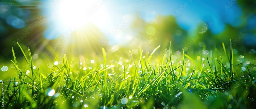 Fototapeta premium Spring or Summer Green Grass field with sunny bokeh background
