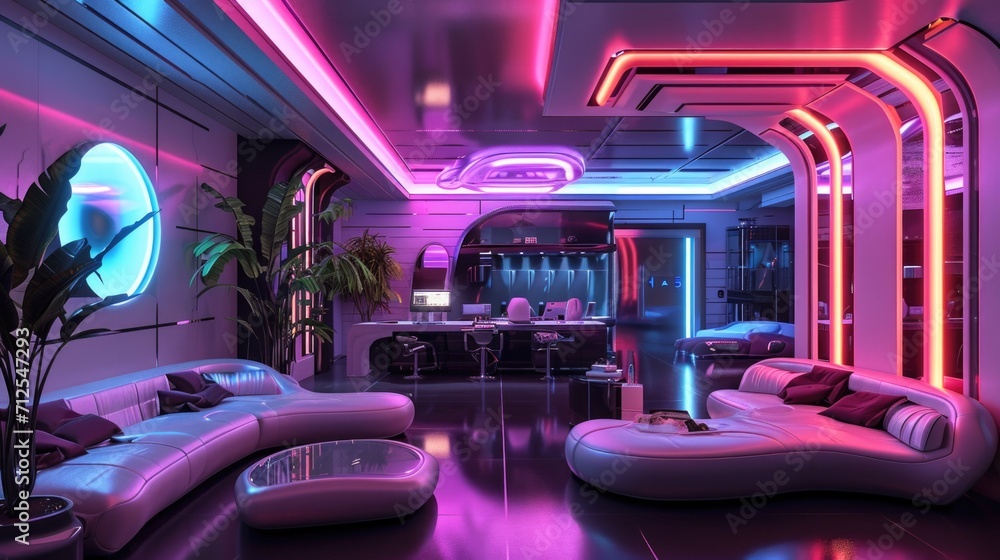 A room with an advanced and futuristic design. An elegant and pop neon room A room with an advanced and futuristic design. An elegant and pop neon room