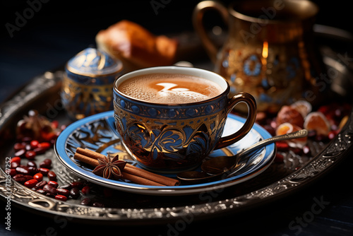 T  rkischer Kaffee  Hei  e Tasse Kaffee in Mokkatasse angerichtet mit Kaffebohnen und Porzellan im Hintergrund