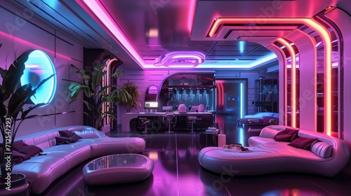 A room with an advanced and futuristic design. An elegant and pop neon room