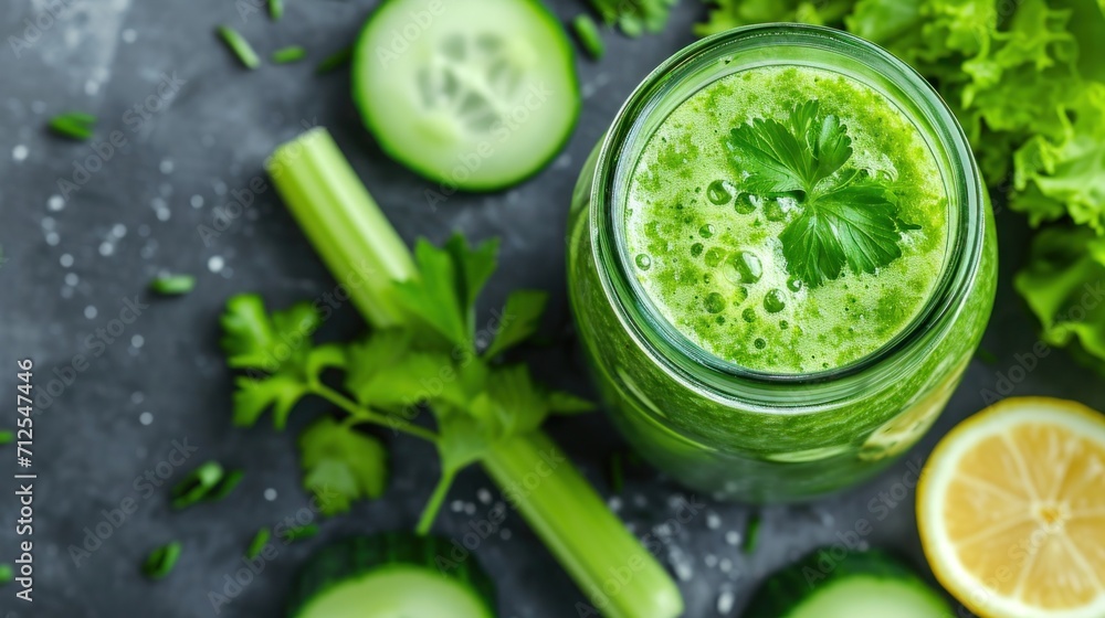Green smoothie with celery, cucumber and parsley in a jar on a dark background Green smoothie with celery, cucumber and parsley in a jar on a dark background