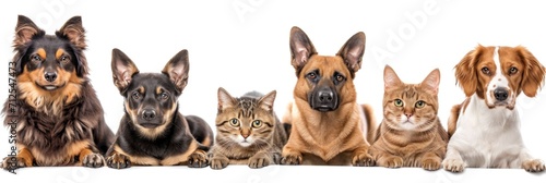 Group of dogs and cat isolated on a white background. 