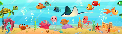 underwater world of animals, fish and plants. Tropical species. Picture horizontally seamless. Cartoon fun style Illustration vector