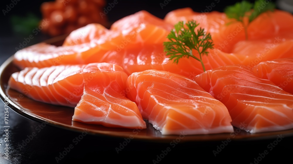 Salmon fillet, red fish meat on a plate, sprinkled with herbs close-up