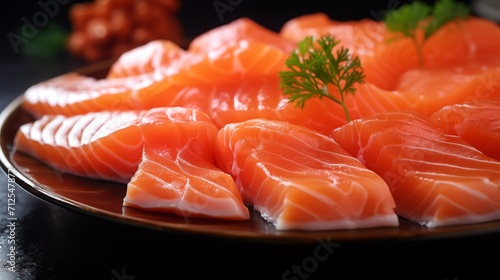 Salmon fillet, red fish meat on a plate, sprinkled with herbs close-up