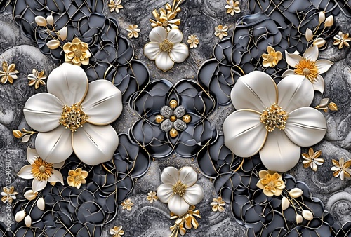 tile and mosaic tile, in the style of 8k 3d, delicate flowers, light gold and light black, mixed media elements, matte photo, crystalline and geological forms, eccentric detail placements.