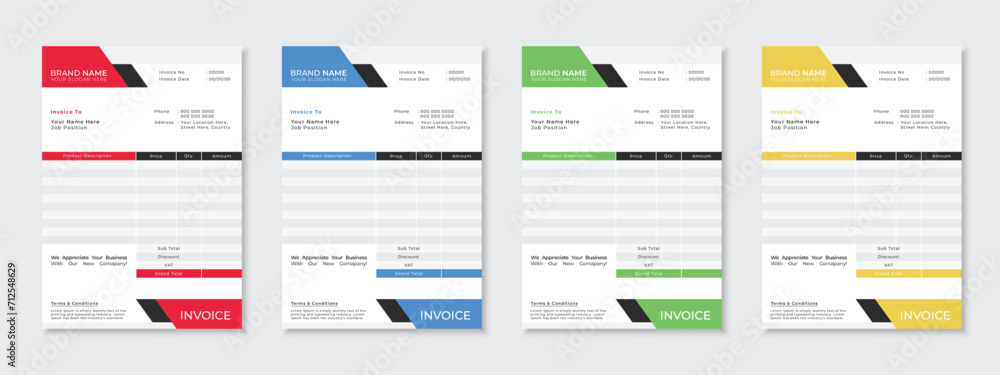 Modern professional corporate business invoice design template, simple creative office bill form, pricelist, payment receipt bundle vector layout, easy to use and edit print ready files in multicolor