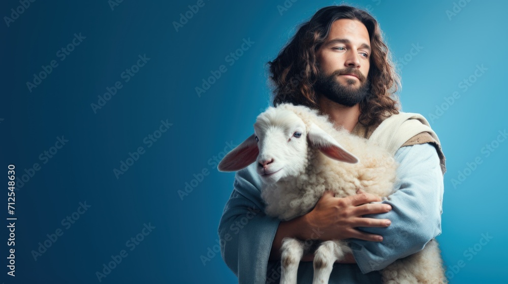 Portrait of Jesus Christ with sheep on blue background with copy space Portrait of Jesus Christ with sheep on blue background with copy space