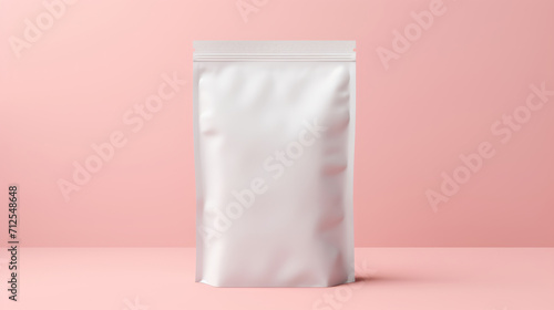A mock-up of an empty white paper bag with a zipper, highlighted on a pink background