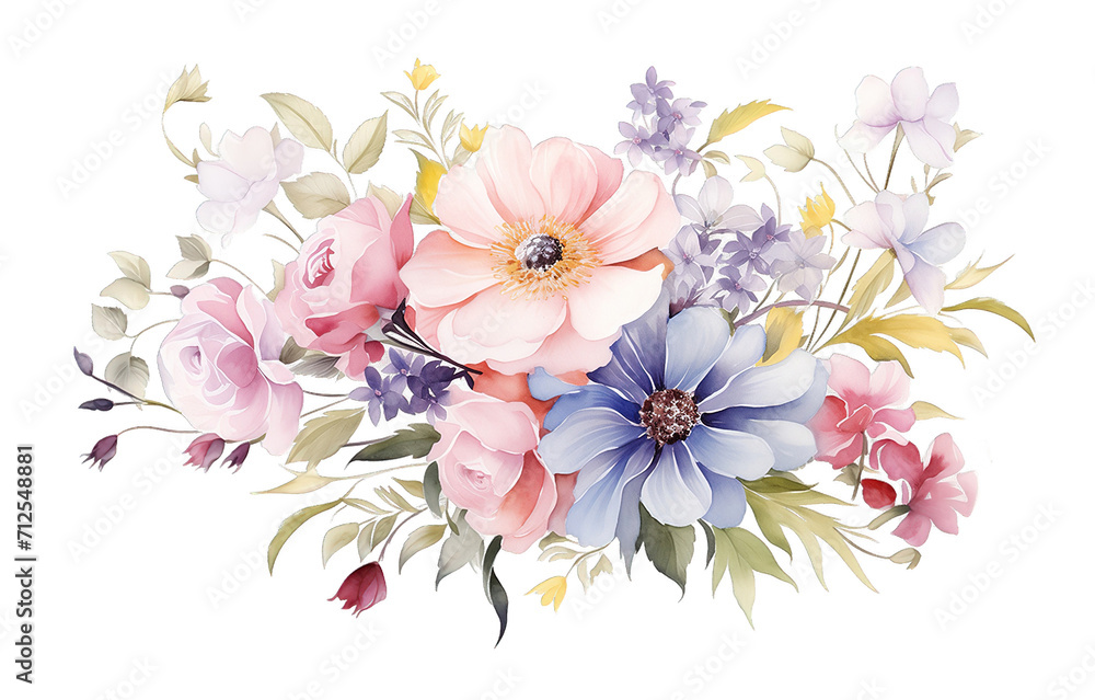 Watercolor flowers illustration isolated on transparent background. PNG file, cut out