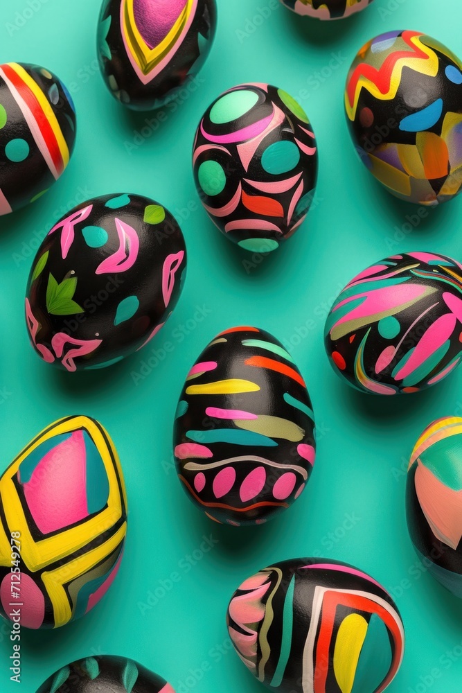 Colorful Easter eggs on a green background. 3d rendering