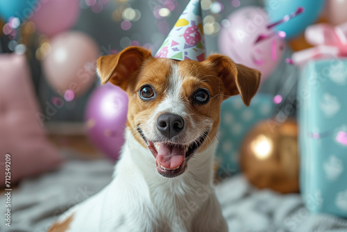 Dog's Birthday Celebration with Cake and Decorations
