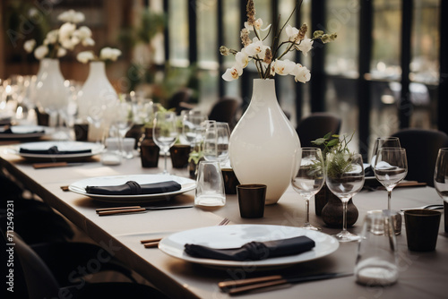 A modern laid restaurant table setting features a large white vase with orchids, black and gold accents, offering a contemporary vibe for promotional material of a modern eatery or event brochure photo