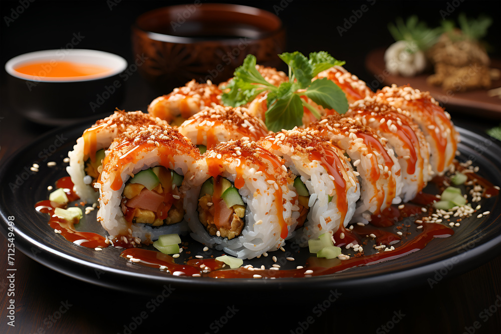 Rainbow Sushi Roll with salmon, eel, tuna, avocado, royal prawn, cream cheese Philadelphia, caviar tobica, chuka. Sushi menu. Japanese food Rainbow Sushi Roll with salmon, eel, tuna, avocado, royal prawn, cream cheese Philadelphia, caviar tobica, chuka. Sushi menu. Japanese food