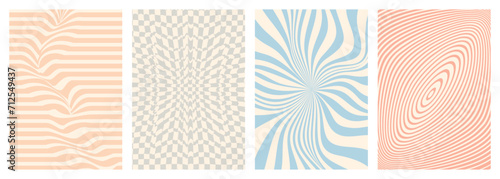 Twisted and distorted vector groovy hippie background. Waves, swirl, twirl pattern. Set of backgrounds in trendy retro psychedelic style. Vector illustration