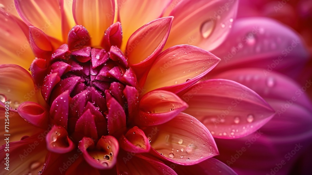 a close up of a pink and yellow flower with drops of water on the petals and the center of the flower. a close up of a pink and yellow flower with drops of water on the petals and the center of the flower.