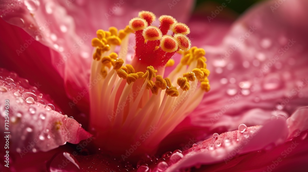 a close up view of a pink flower with drops of water on the petals and the center of the flower. a close up view of a pink flower with drops of water on the petals and the center of the flower.