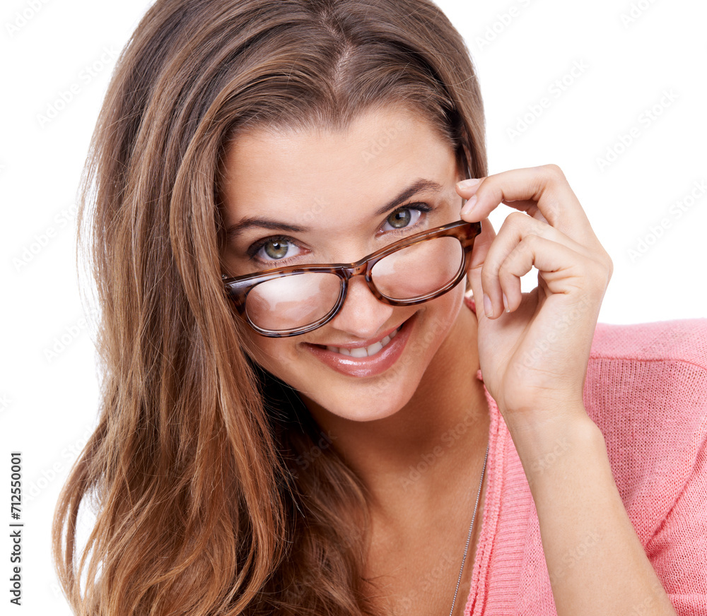 Woman, portrait and glasses for vision in studio, eyecare and prescription on white background. Happy female person, ophthalmology and spectacles for eyesight, frame and optic lenses for support Woman, portrait and glasses for vision in studio, eyecare and prescription on white background. Happy female person, ophthalmology and spectacles for eyesight, frame and optic lenses for support