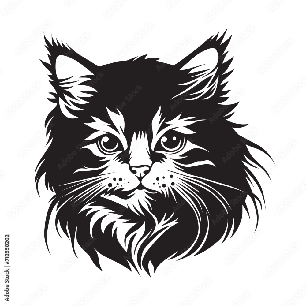 Maine coon, Cat Face, Maine coon illustration, Cat vector, Cute Cat, Funny Cat, Maine coon Black And White, pet, Animal