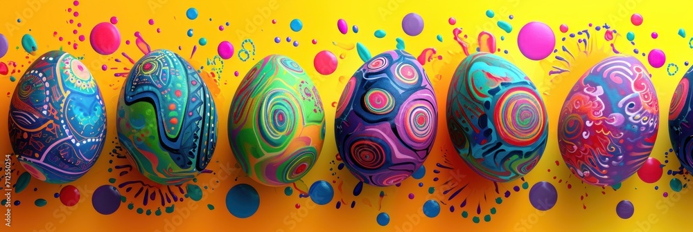 Easter eggs with colorful doodle pattern on yellow background.