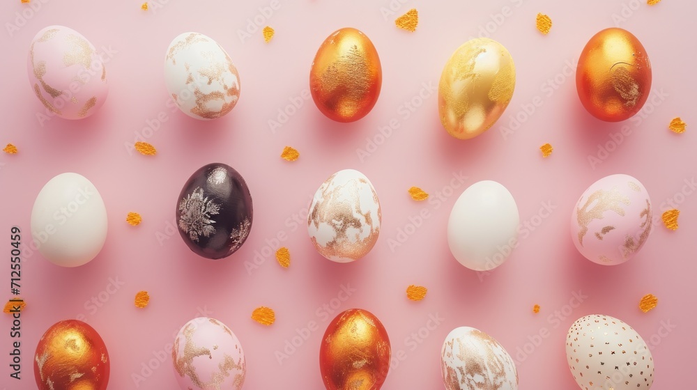  a group of different colored easter eggs on a pink surface with confetti sprinkles around them.