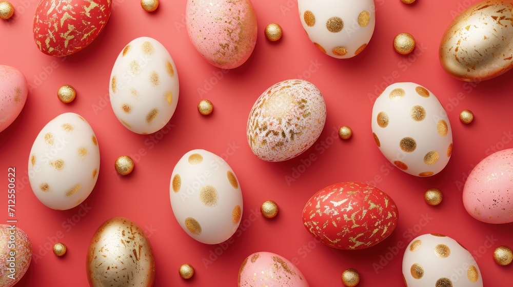a group of eggs with gold speckles on a pink background with a red background and gold speckles on the eggs. a group of eggs with gold speckles on a pink background with a red background and gold speckles on the eggs.
