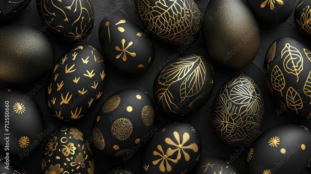 a bunch of black and gold eggs on a black surface with a gold leaf design on one of the eggs. a bunch of black and gold eggs on a black surface with a gold leaf design on one of the eggs.