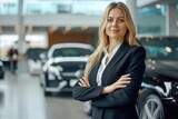 Beautiful business sales manager  woman in a car showroom. Business and success concept.