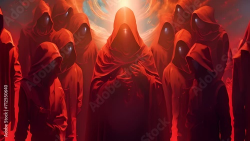 Group of mystery people in a red hooded cloaks photo