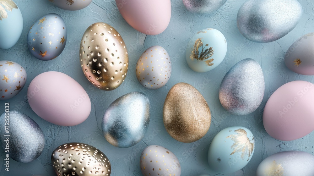a bunch of different colored eggs sitting on top of a blue surface with gold speckles on them, all of which have been painted in different shades of blue and gold. a bunch of different colored eggs sitting on top of a blue surface with gold speckles on them, all of which have been painted in different shades of blue and gold.