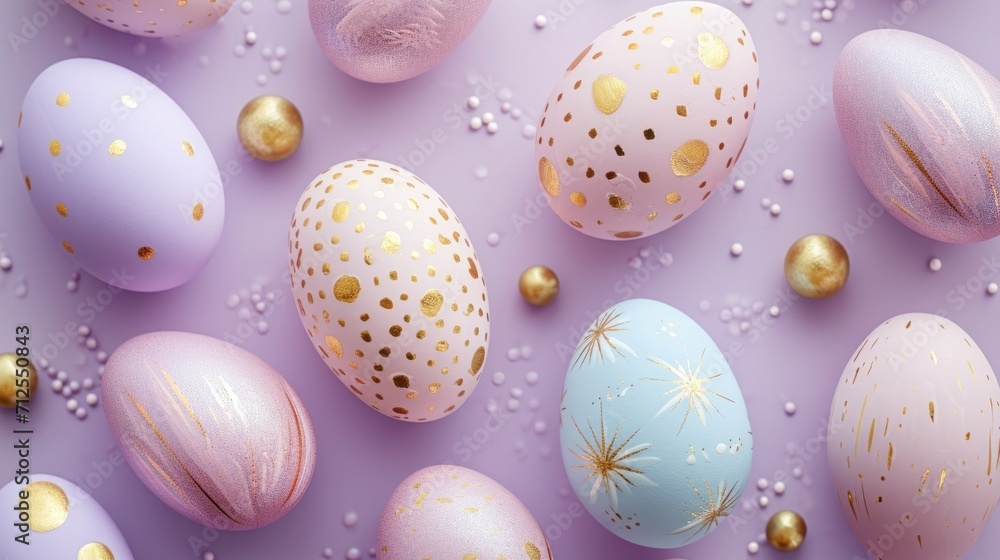 a group of pastel colored easter eggs with gold speckles and confetti on a purple background. a group of pastel colored easter eggs with gold speckles and confetti on a purple background.