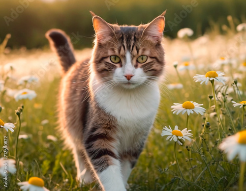 A cat walks in a field with daisies.
