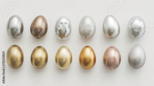  a group of different colored eggs sitting next to each other on a white surface with one egg in the middle of the group.