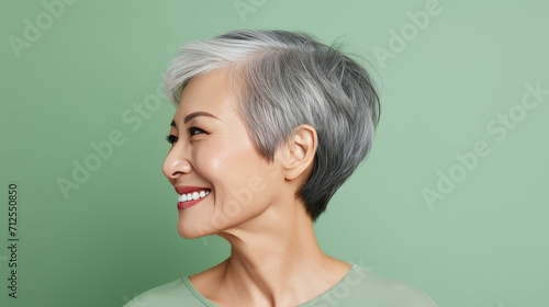 Elegant, smiling, elderly, chic Asian woman with gray hair and perfect skin on a light green background banner.
